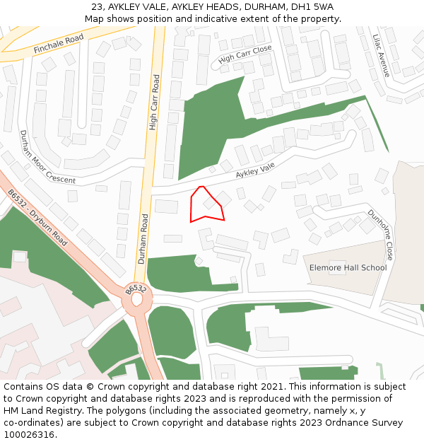 23, AYKLEY VALE, AYKLEY HEADS, DURHAM, DH1 5WA: Location map and indicative extent of plot