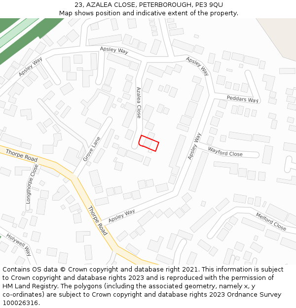 23, AZALEA CLOSE, PETERBOROUGH, PE3 9QU: Location map and indicative extent of plot