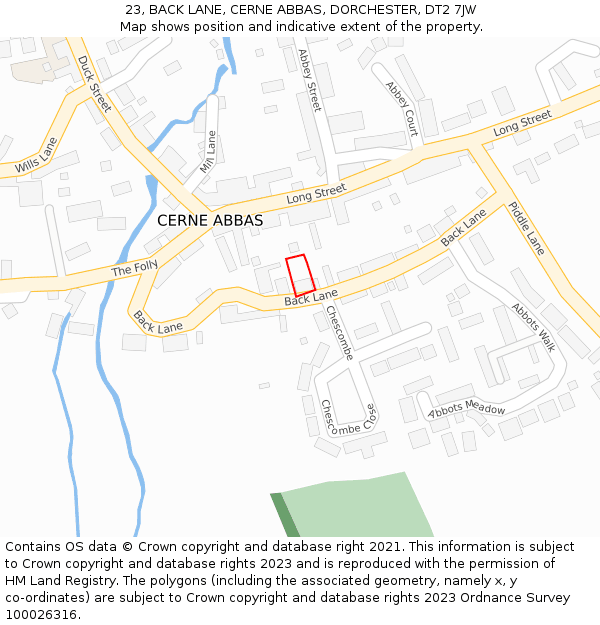 23, BACK LANE, CERNE ABBAS, DORCHESTER, DT2 7JW: Location map and indicative extent of plot