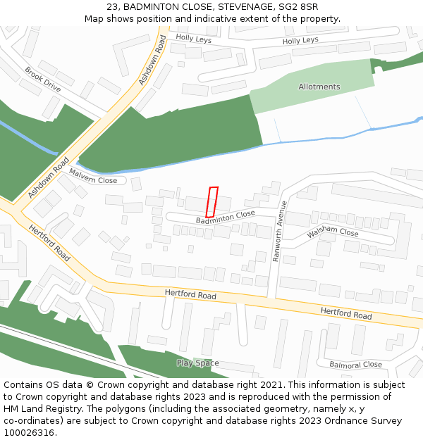 23, BADMINTON CLOSE, STEVENAGE, SG2 8SR: Location map and indicative extent of plot