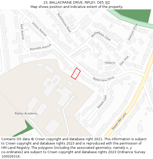 23, BALLACRAINE DRIVE, RIPLEY, DE5 3JZ: Location map and indicative extent of plot