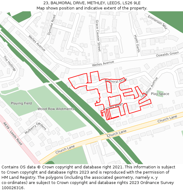 23, BALMORAL DRIVE, METHLEY, LEEDS, LS26 9LE: Location map and indicative extent of plot
