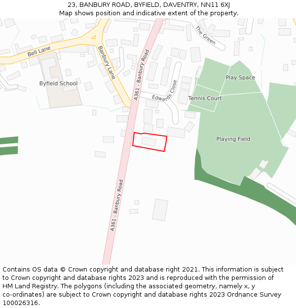 23, BANBURY ROAD, BYFIELD, DAVENTRY, NN11 6XJ: Location map and indicative extent of plot