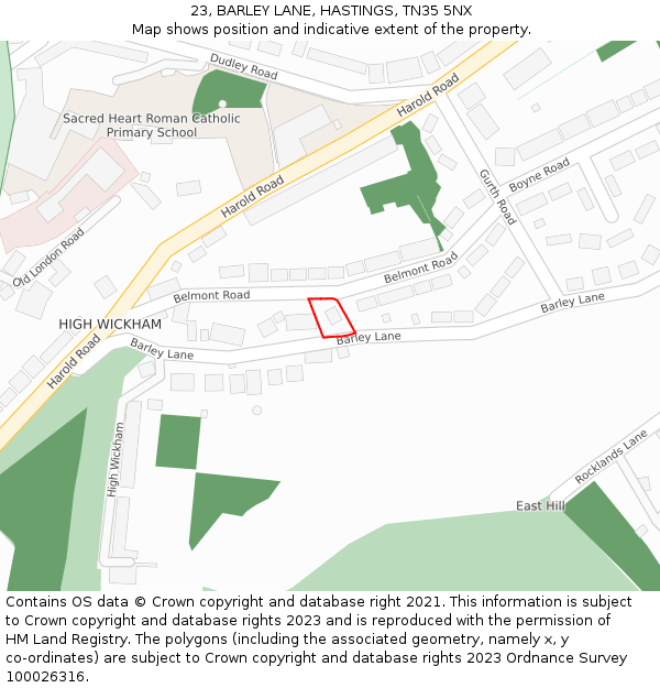 23, BARLEY LANE, HASTINGS, TN35 5NX: Location map and indicative extent of plot