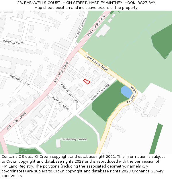 23, BARNWELLS COURT, HIGH STREET, HARTLEY WINTNEY, HOOK, RG27 8AY: Location map and indicative extent of plot