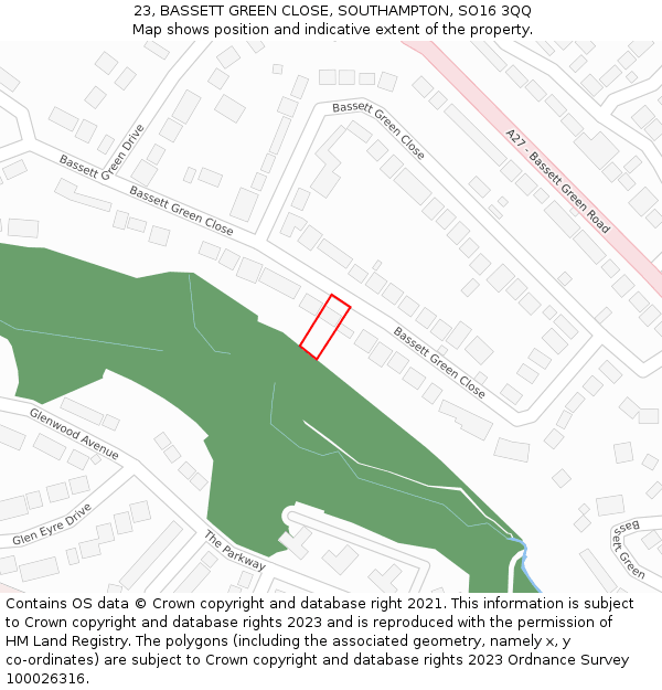 23, BASSETT GREEN CLOSE, SOUTHAMPTON, SO16 3QQ: Location map and indicative extent of plot
