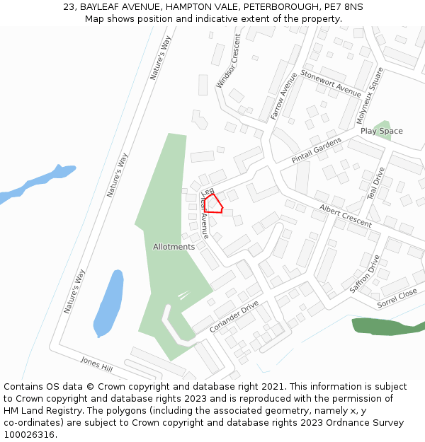 23, BAYLEAF AVENUE, HAMPTON VALE, PETERBOROUGH, PE7 8NS: Location map and indicative extent of plot