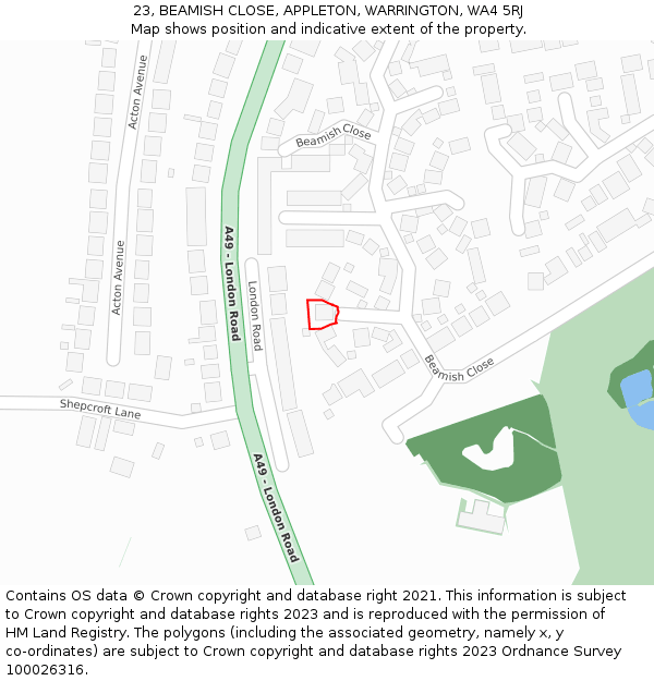 23, BEAMISH CLOSE, APPLETON, WARRINGTON, WA4 5RJ: Location map and indicative extent of plot