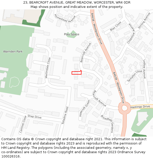 23, BEARCROFT AVENUE, GREAT MEADOW, WORCESTER, WR4 0DR: Location map and indicative extent of plot