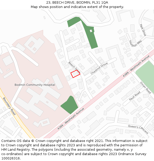 23, BEECH DRIVE, BODMIN, PL31 1QA: Location map and indicative extent of plot