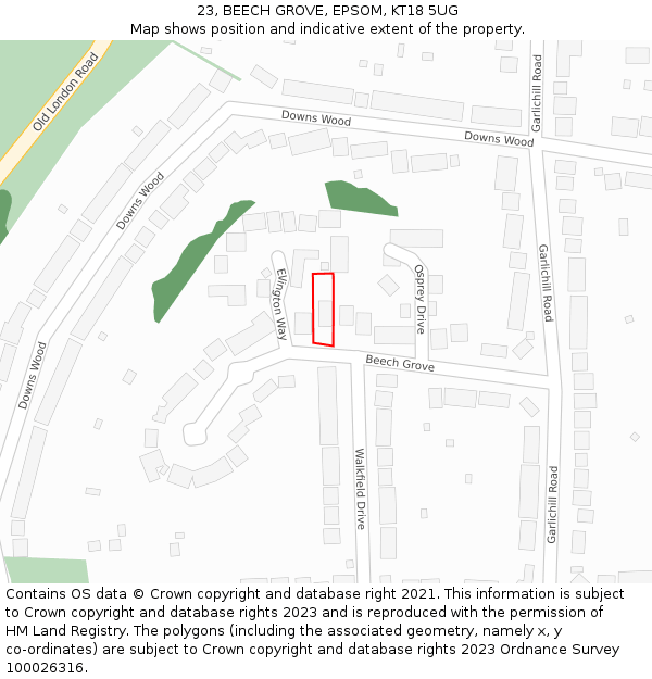 23, BEECH GROVE, EPSOM, KT18 5UG: Location map and indicative extent of plot
