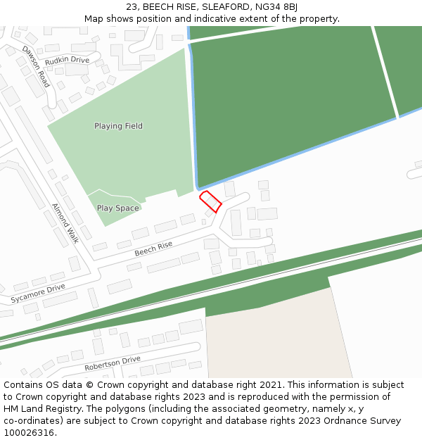23, BEECH RISE, SLEAFORD, NG34 8BJ: Location map and indicative extent of plot