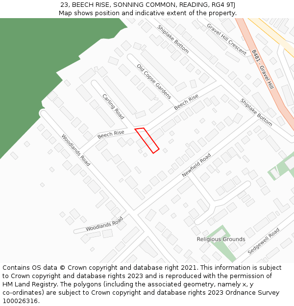23, BEECH RISE, SONNING COMMON, READING, RG4 9TJ: Location map and indicative extent of plot