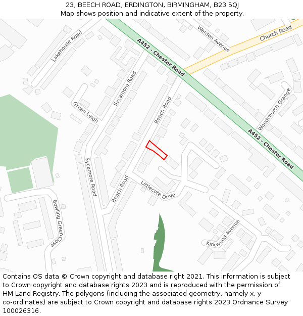 23, BEECH ROAD, ERDINGTON, BIRMINGHAM, B23 5QJ: Location map and indicative extent of plot