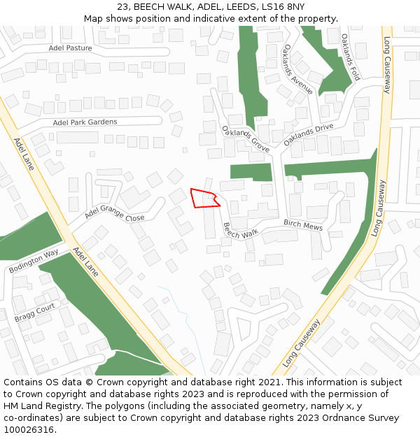 23, BEECH WALK, ADEL, LEEDS, LS16 8NY: Location map and indicative extent of plot