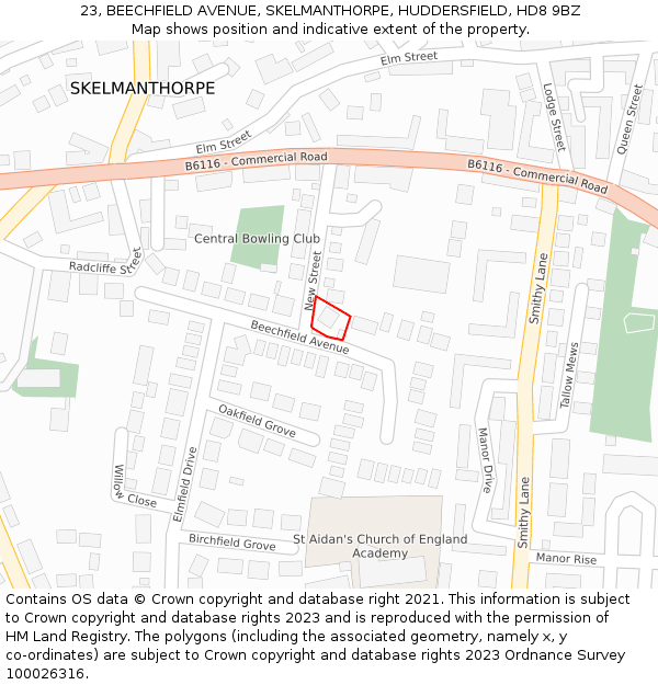 23, BEECHFIELD AVENUE, SKELMANTHORPE, HUDDERSFIELD, HD8 9BZ: Location map and indicative extent of plot