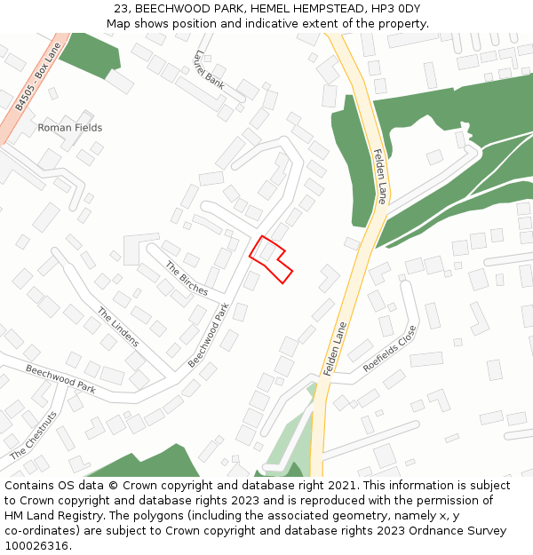 23, BEECHWOOD PARK, HEMEL HEMPSTEAD, HP3 0DY: Location map and indicative extent of plot