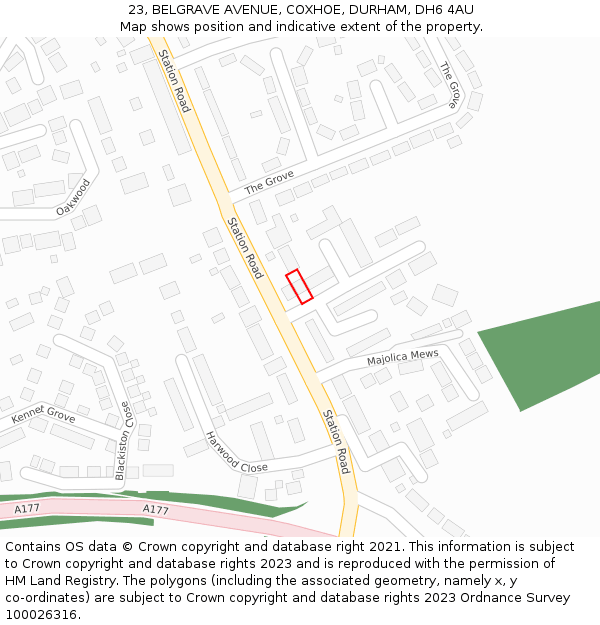 23, BELGRAVE AVENUE, COXHOE, DURHAM, DH6 4AU: Location map and indicative extent of plot