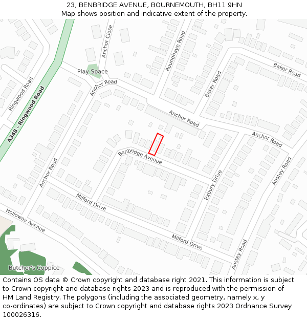 23, BENBRIDGE AVENUE, BOURNEMOUTH, BH11 9HN: Location map and indicative extent of plot