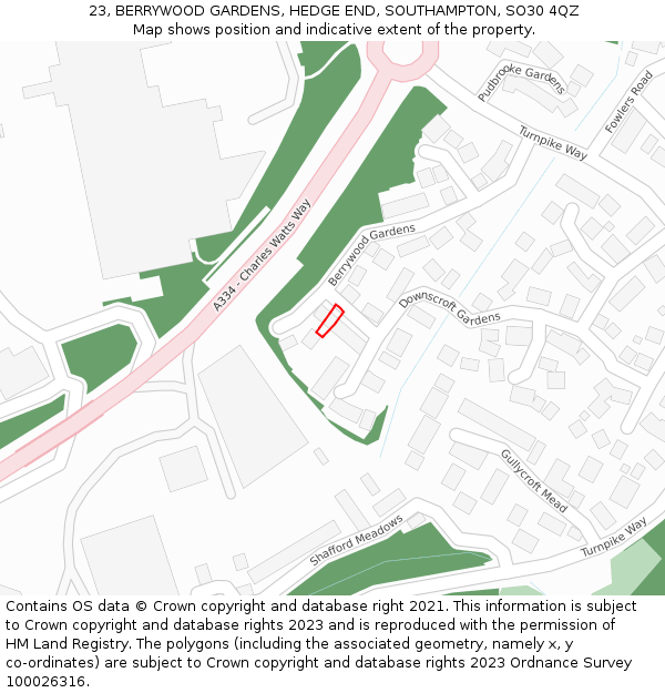 23, BERRYWOOD GARDENS, HEDGE END, SOUTHAMPTON, SO30 4QZ: Location map and indicative extent of plot