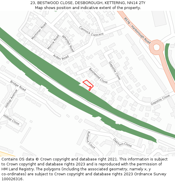 23, BESTWOOD CLOSE, DESBOROUGH, KETTERING, NN14 2TY: Location map and indicative extent of plot