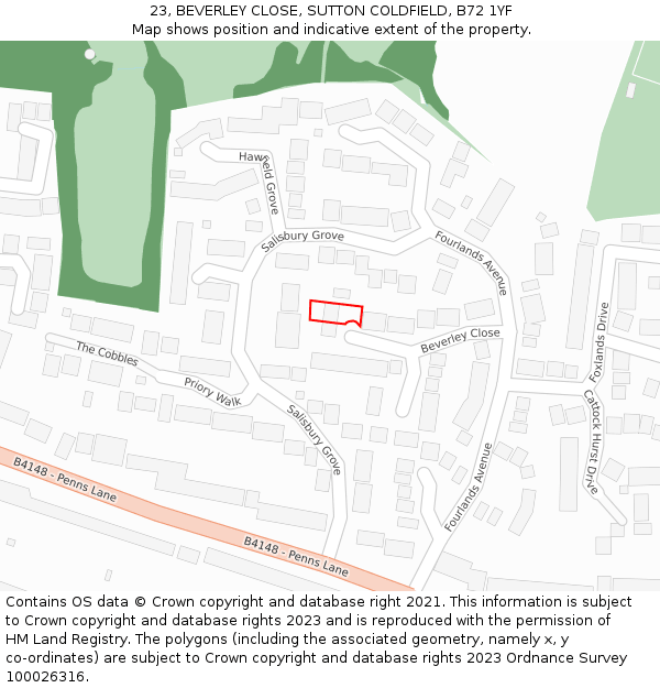 23, BEVERLEY CLOSE, SUTTON COLDFIELD, B72 1YF: Location map and indicative extent of plot