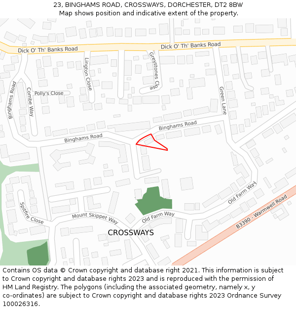 23, BINGHAMS ROAD, CROSSWAYS, DORCHESTER, DT2 8BW: Location map and indicative extent of plot