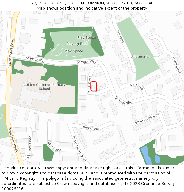 23, BIRCH CLOSE, COLDEN COMMON, WINCHESTER, SO21 1XE: Location map and indicative extent of plot