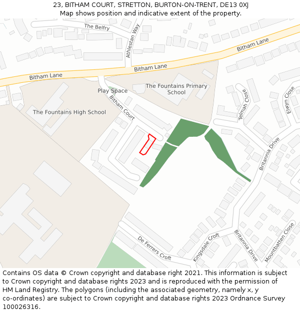 23, BITHAM COURT, STRETTON, BURTON-ON-TRENT, DE13 0XJ: Location map and indicative extent of plot