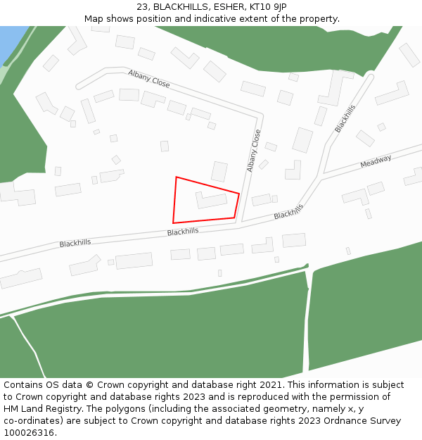 23, BLACKHILLS, ESHER, KT10 9JP: Location map and indicative extent of plot