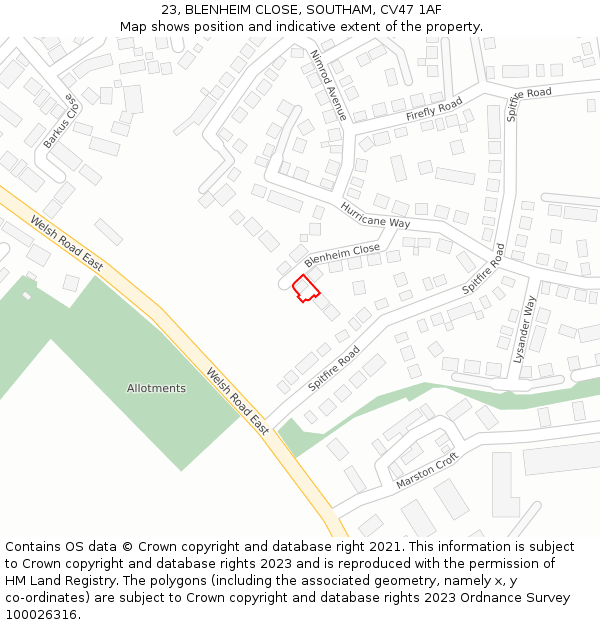 23, BLENHEIM CLOSE, SOUTHAM, CV47 1AF: Location map and indicative extent of plot
