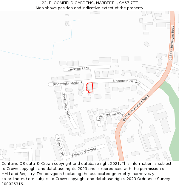 23, BLOOMFIELD GARDENS, NARBERTH, SA67 7EZ: Location map and indicative extent of plot