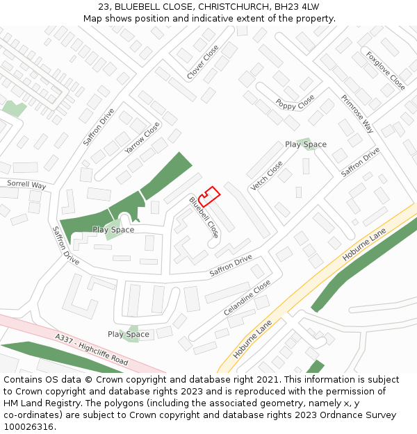 23, BLUEBELL CLOSE, CHRISTCHURCH, BH23 4LW: Location map and indicative extent of plot