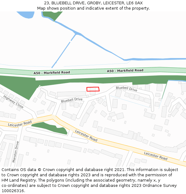 23, BLUEBELL DRIVE, GROBY, LEICESTER, LE6 0AX: Location map and indicative extent of plot