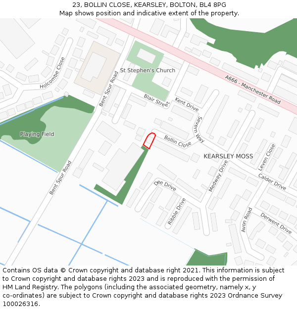 23, BOLLIN CLOSE, KEARSLEY, BOLTON, BL4 8PG: Location map and indicative extent of plot