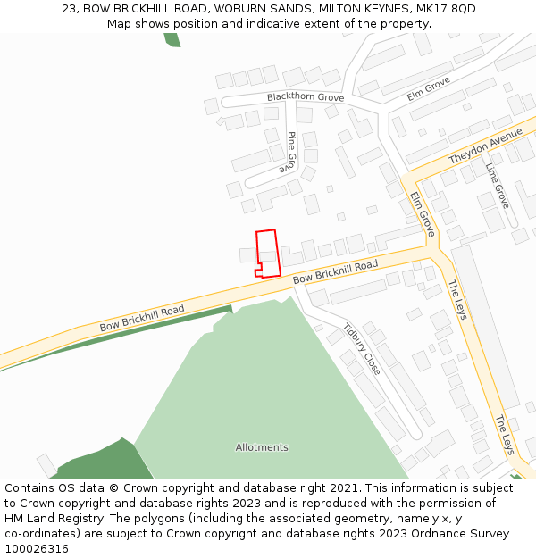 23, BOW BRICKHILL ROAD, WOBURN SANDS, MILTON KEYNES, MK17 8QD: Location map and indicative extent of plot