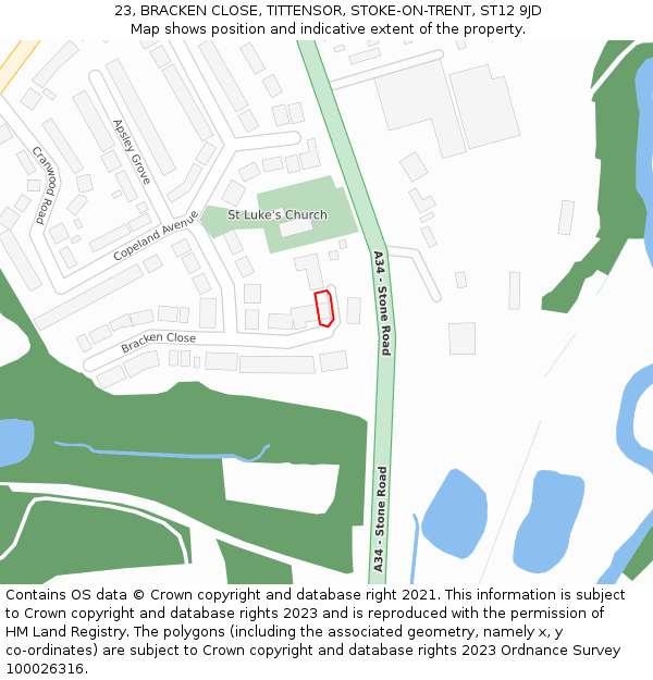 23, BRACKEN CLOSE, TITTENSOR, STOKE-ON-TRENT, ST12 9JD: Location map and indicative extent of plot