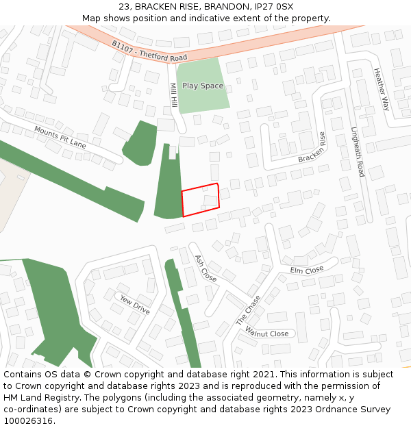 23, BRACKEN RISE, BRANDON, IP27 0SX: Location map and indicative extent of plot