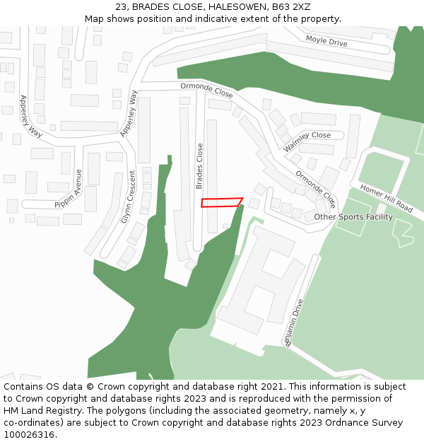 23, BRADES CLOSE, HALESOWEN, B63 2XZ: Location map and indicative extent of plot
