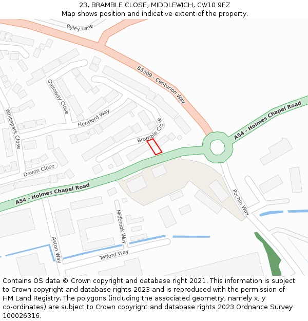 23, BRAMBLE CLOSE, MIDDLEWICH, CW10 9FZ: Location map and indicative extent of plot