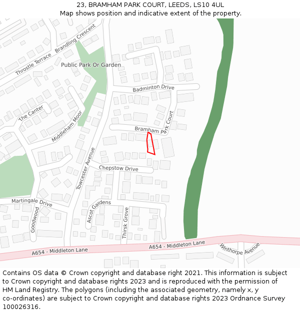 23, BRAMHAM PARK COURT, LEEDS, LS10 4UL: Location map and indicative extent of plot