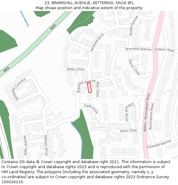 23, BRAMSHILL AVENUE, KETTERING, NN16 9FL: Location map and indicative extent of plot
