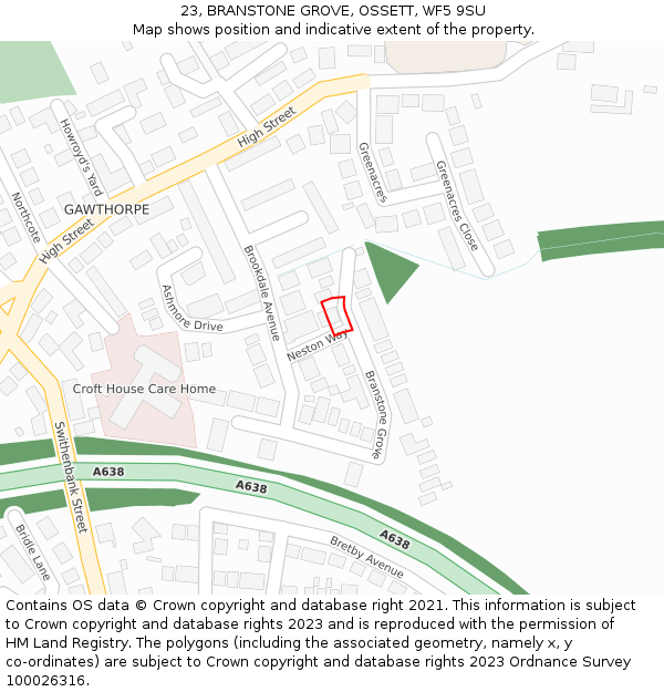23, BRANSTONE GROVE, OSSETT, WF5 9SU: Location map and indicative extent of plot