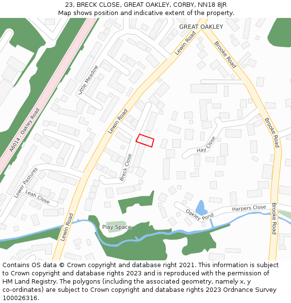23, BRECK CLOSE, GREAT OAKLEY, CORBY, NN18 8JR: Location map and indicative extent of plot