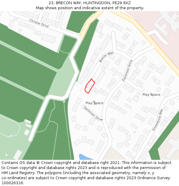 23, BRECON WAY, HUNTINGDON, PE29 6XZ: Location map and indicative extent of plot