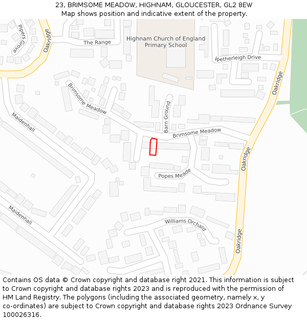 23, BRIMSOME MEADOW, HIGHNAM, GLOUCESTER, GL2 8EW: Location map and indicative extent of plot