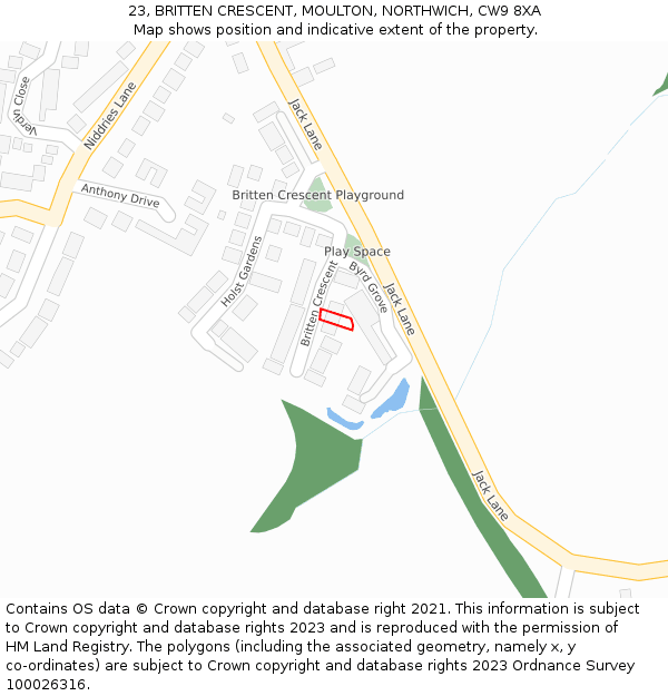 23, BRITTEN CRESCENT, MOULTON, NORTHWICH, CW9 8XA: Location map and indicative extent of plot