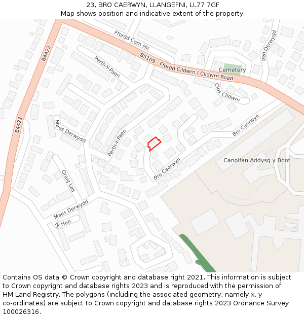 23, BRO CAERWYN, LLANGEFNI, LL77 7GF: Location map and indicative extent of plot