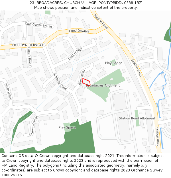 23, BROADACRES, CHURCH VILLAGE, PONTYPRIDD, CF38 1BZ: Location map and indicative extent of plot