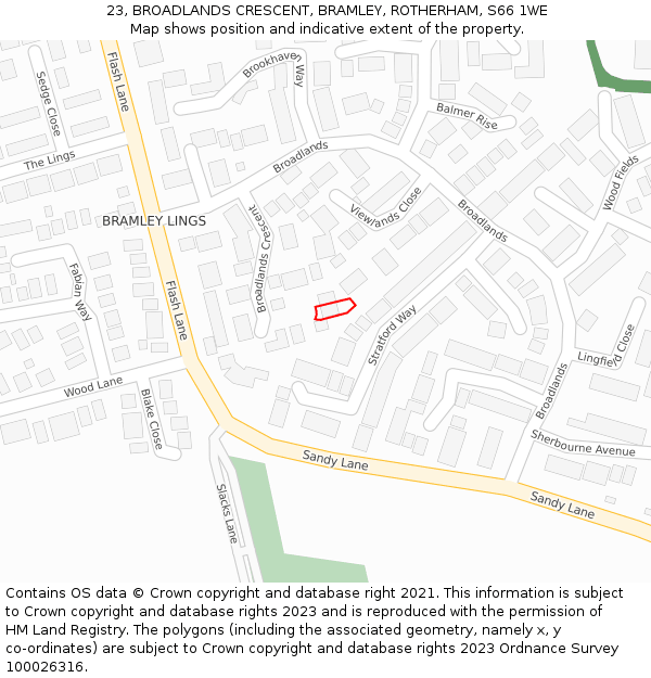 23, BROADLANDS CRESCENT, BRAMLEY, ROTHERHAM, S66 1WE: Location map and indicative extent of plot